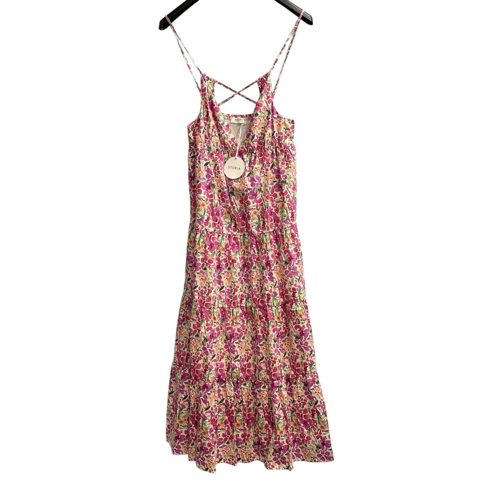 Storia‎ Sun Dress Purple Floral Smocked Tiered Maxi M Cottagecore Summer Event